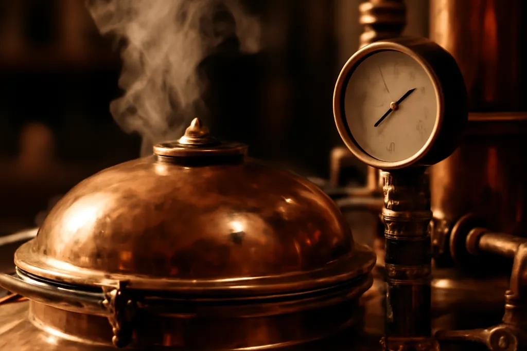 Alambic de cuivre traditionnel dans une distillerie alsacienne