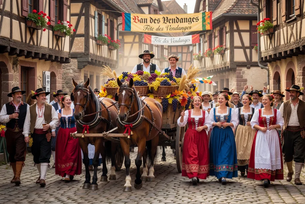 Cortège du ban des vendanges avec vignerons en costume alsacien traditionnel
