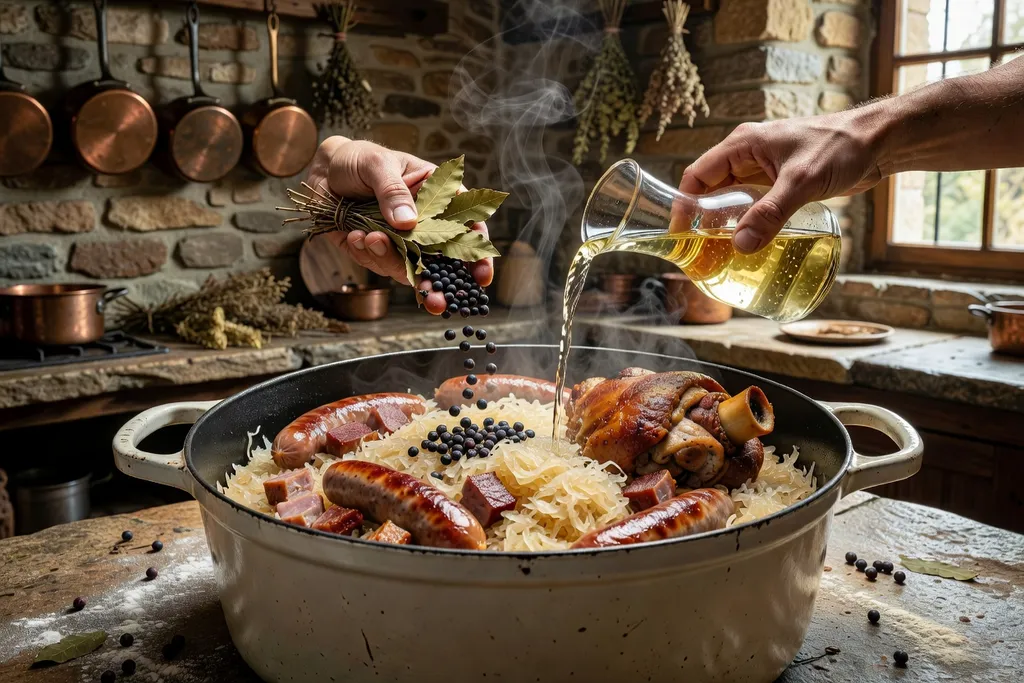 Choucroute garnie alsacienne en cocotte avec charcuteries fumées, pommes de terre et saucisse de Strasbourg