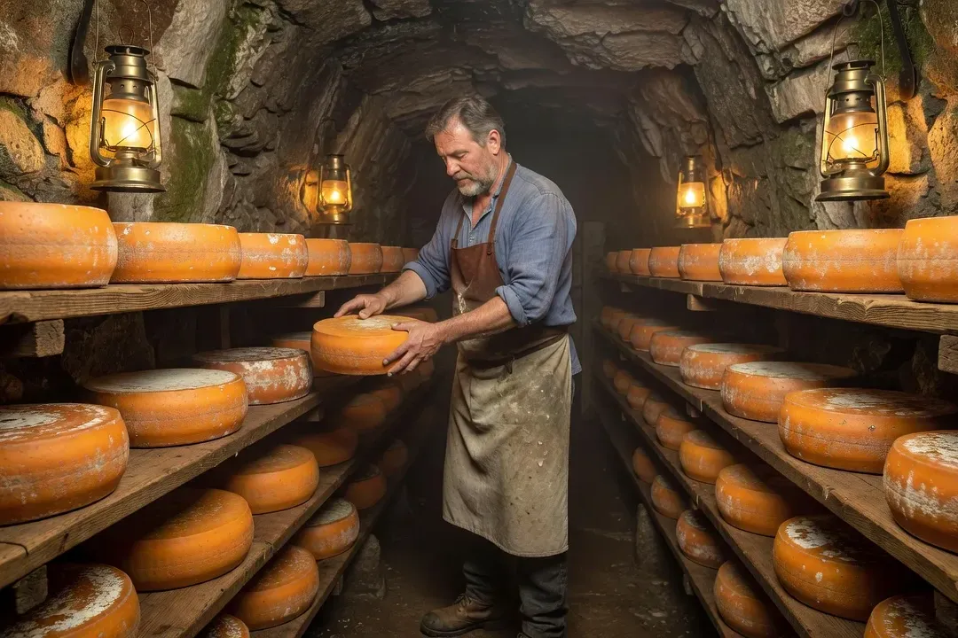 Cave d’affinage de munster fermier en Alsace avec meules sur claies en bois dans une cave en grès rose