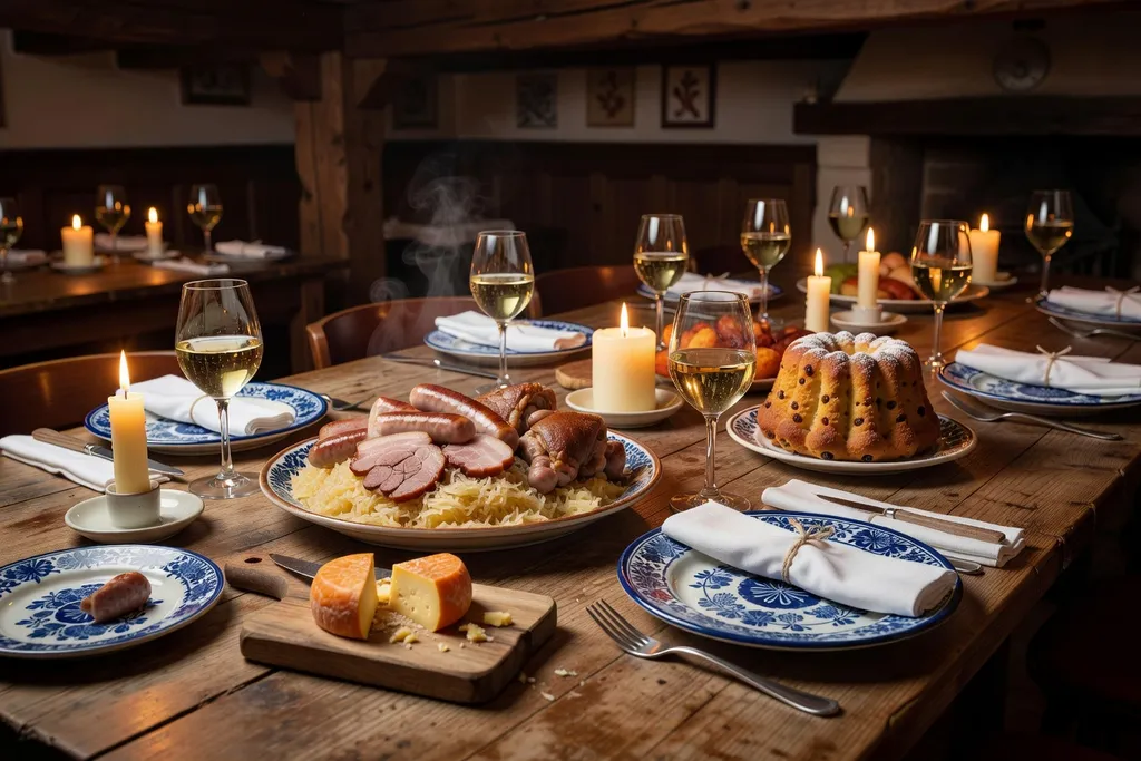 Table alsacienne dressée avec produits du terroir : choucroute, munster, bretzel et vins d’Alsace
