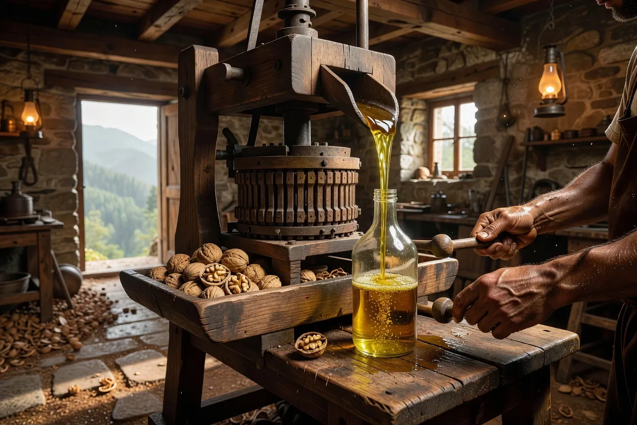 Pressage artisanal d’huile de noix dans les Vosges