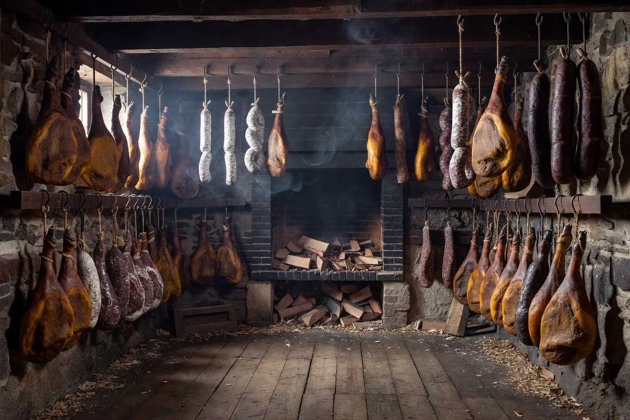 Atelier de fumage au bois de hêtre avec charcuteries suspendues