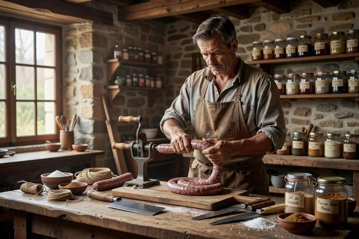 Marc Dietrich préparant des saucisses dans son atelier artisanal