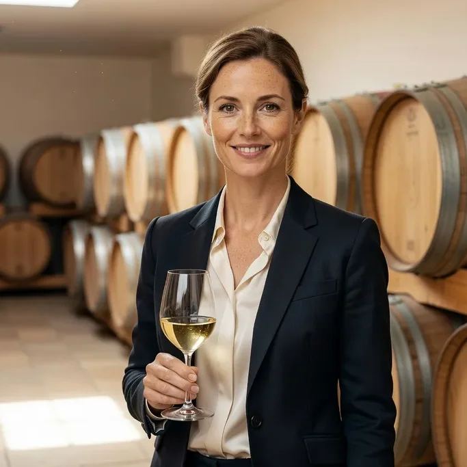 Portrait d’Isabelle Wenger, oenologue alsacienne, dans une cave de dégustation avec des verres de riesling
