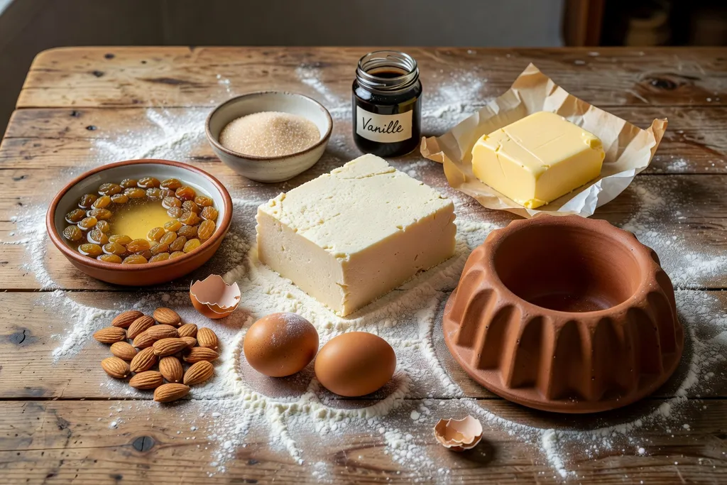 Ingrédients du kugelhopf alsacien : farine, beurre, oeufs, raisins et Riesling