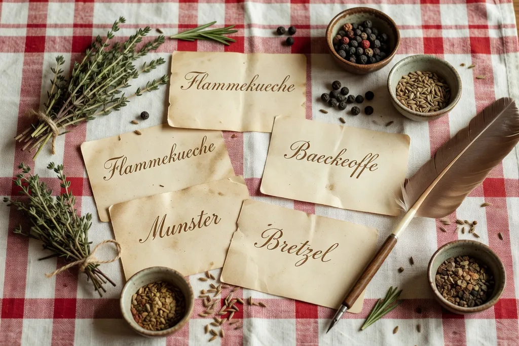 Lexique de la cuisine alsacienne : tableau de mots et étymologies sur fond de bois avec épices et herbages