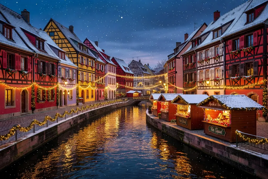 Marché de Noël de Colmar dans le quartier de la Petite Venise avec ses maisons à colombages illuminées au bord du canal