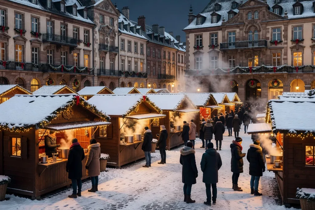 Marché de Noël de Strasbourg place Broglie avec la cathédrale illuminée en arrière-plan