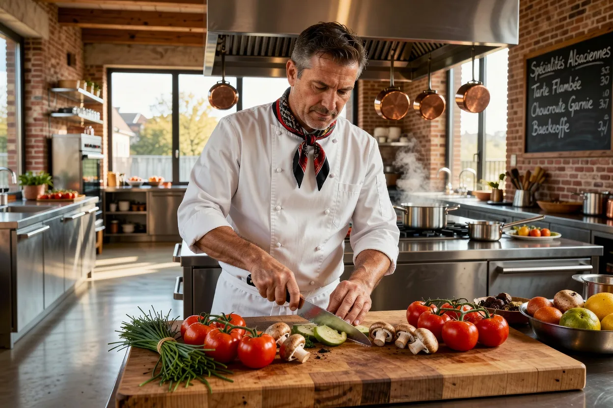 Un chef alsacien en pleine préparation culinaire dans sa cuisine