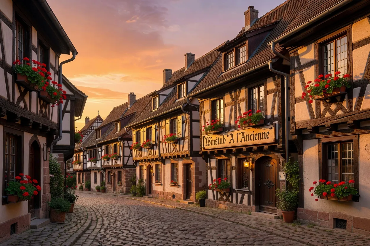 Vue panoramique d’un village alsacien avec une winstub emblématique