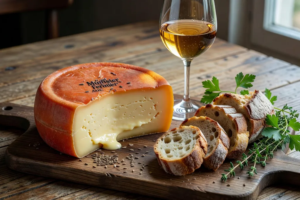 Dégustation de munster fermier AOC d’Alsace sur une planche en bois avec cumin et pain de seigle