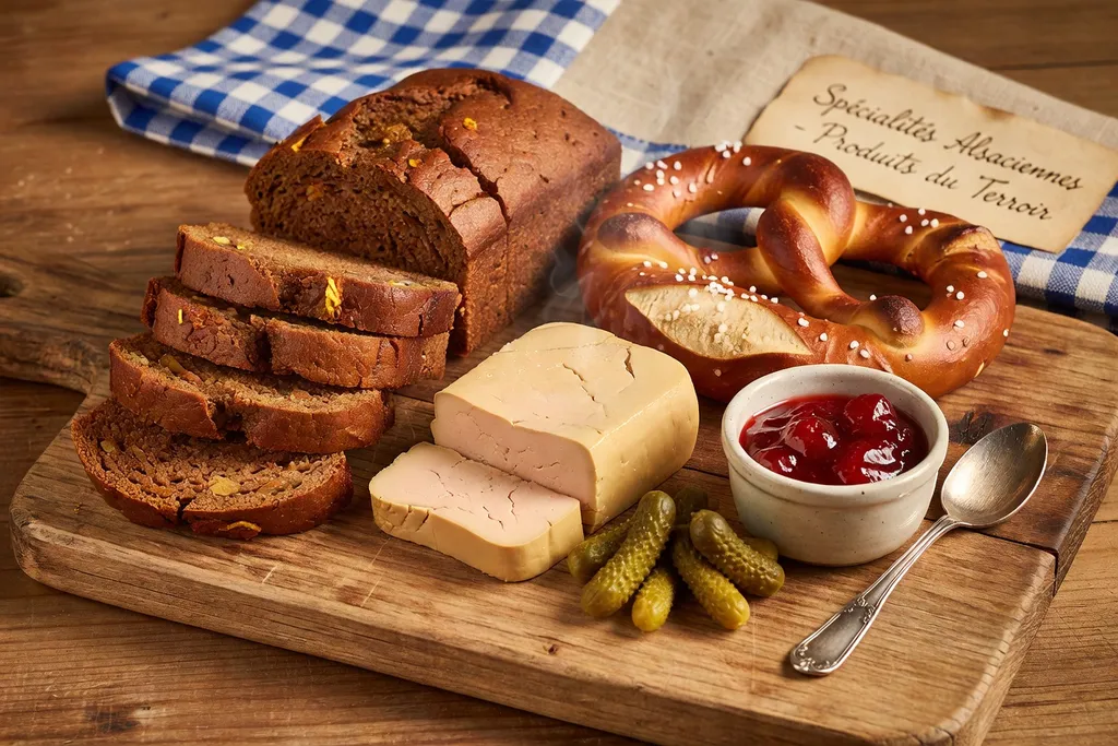 Pain d’épices alsacien, foie gras et bouteilles de Gewurztraminer sur une table de dégustation en Alsace