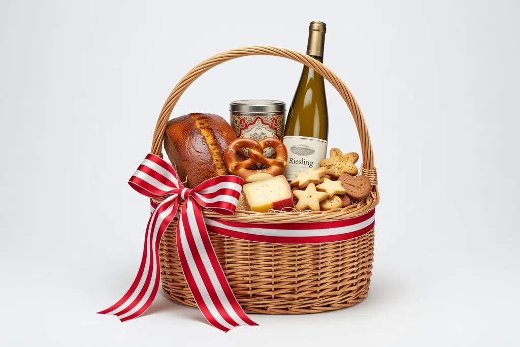 Panier cadeau rempli de spécialités alsaciennes : pain d’épices, bretzel, vin, munster