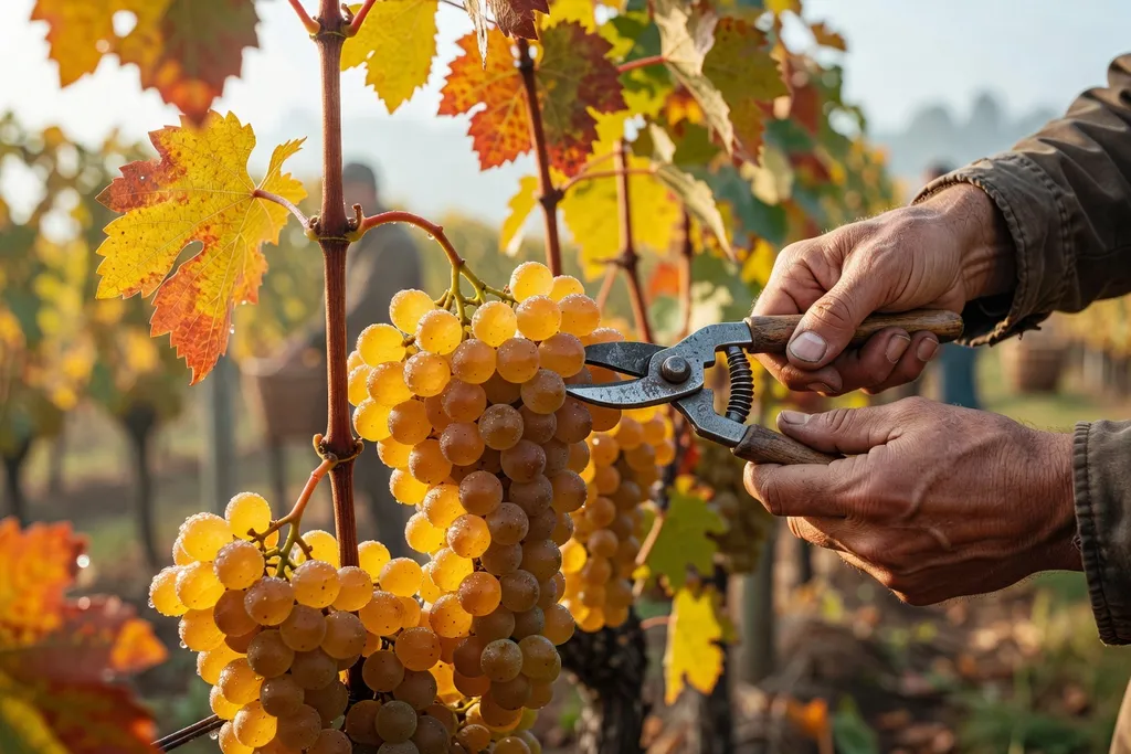 Vignes alsaciennes en automne avec les raisins dorés prêts pour les vendanges