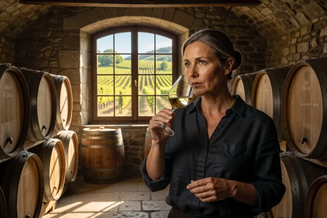 Dégustation de vins d’Alsace dans une cave voûtée avec barriques et verres de riesling blanc sur terroir vosgien