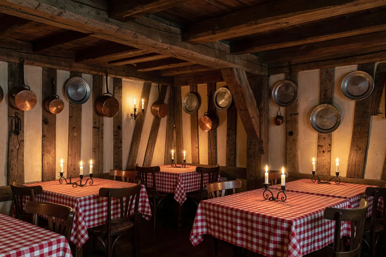 Salle intérieure à colombages d’une winstub strasbourgeoise