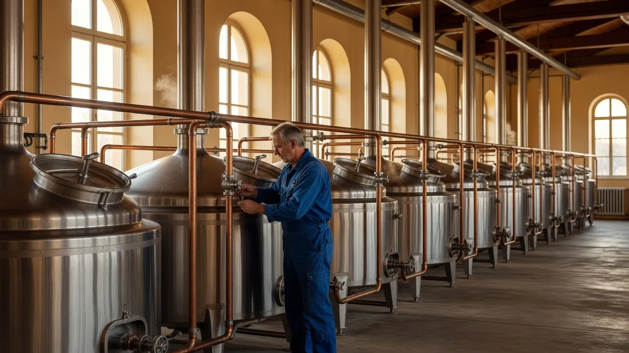 Salle de brassage traditionnelle d'une brasserie alsacienne avec cuves en cuivre