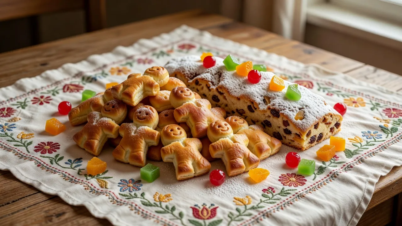 Assortiment de bredele alsaciens de Noël sur une table en bois avec épices