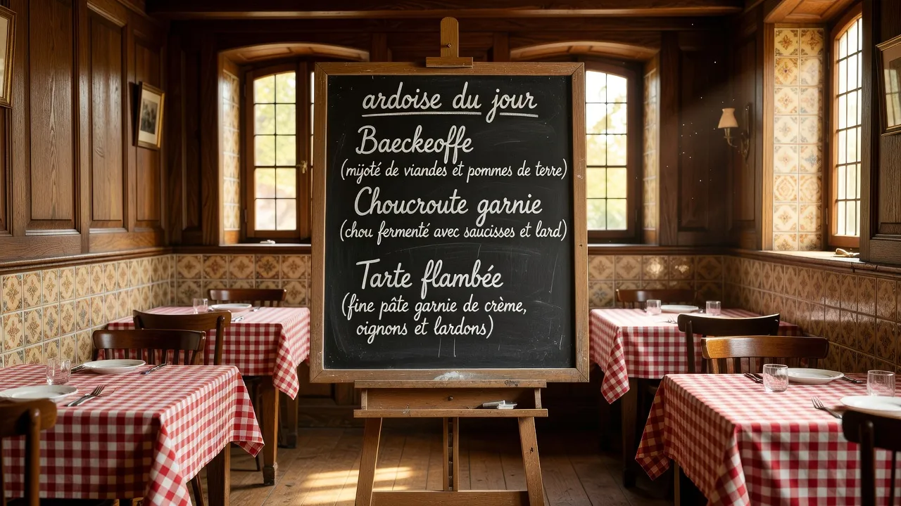 Table gastronomique alsacienne avec plats régionaux et verre de Riesling