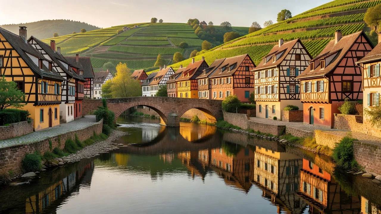 Village médiéval de Riquewihr sur la Route des vins d'Alsace avec vignobles en arrière-plan