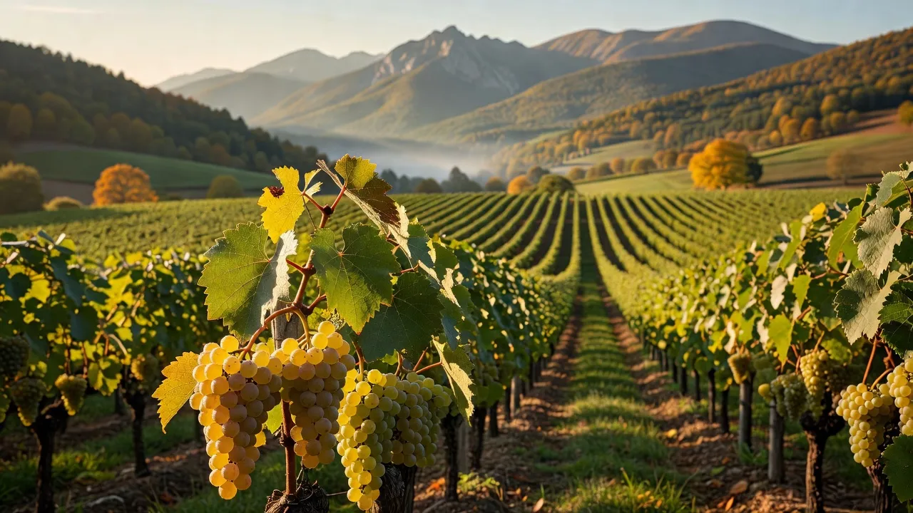 Vignes de Riesling en Alsace avec vue sur le vignoble et les Vosges en arrière-plan