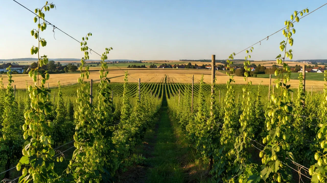 Houblonnière alsacienne en été avec les tiges en pleine croissance et les cônes de houblon