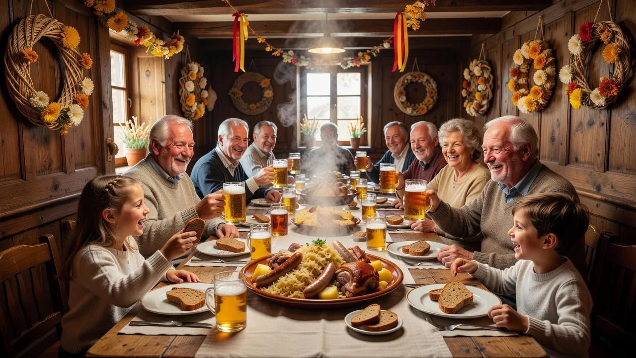 Village alsacien avec maisons à colombages colorées, décor gastronomique traditionnel