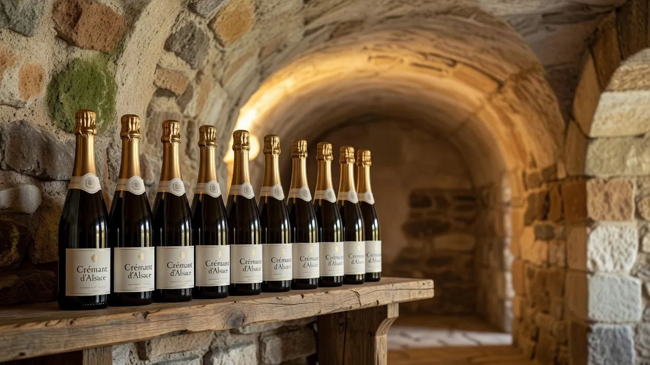 Bouteilles de Crémant d'Alsace et de Riesling Grand Cru avec le vignoble en arrière-plan